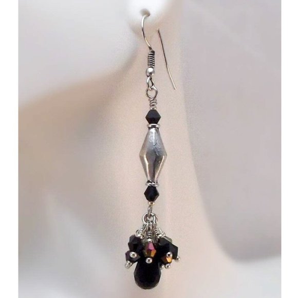 Silver, Rainbow and Black Crystal Cluster Earrings - Picture 2 of 3